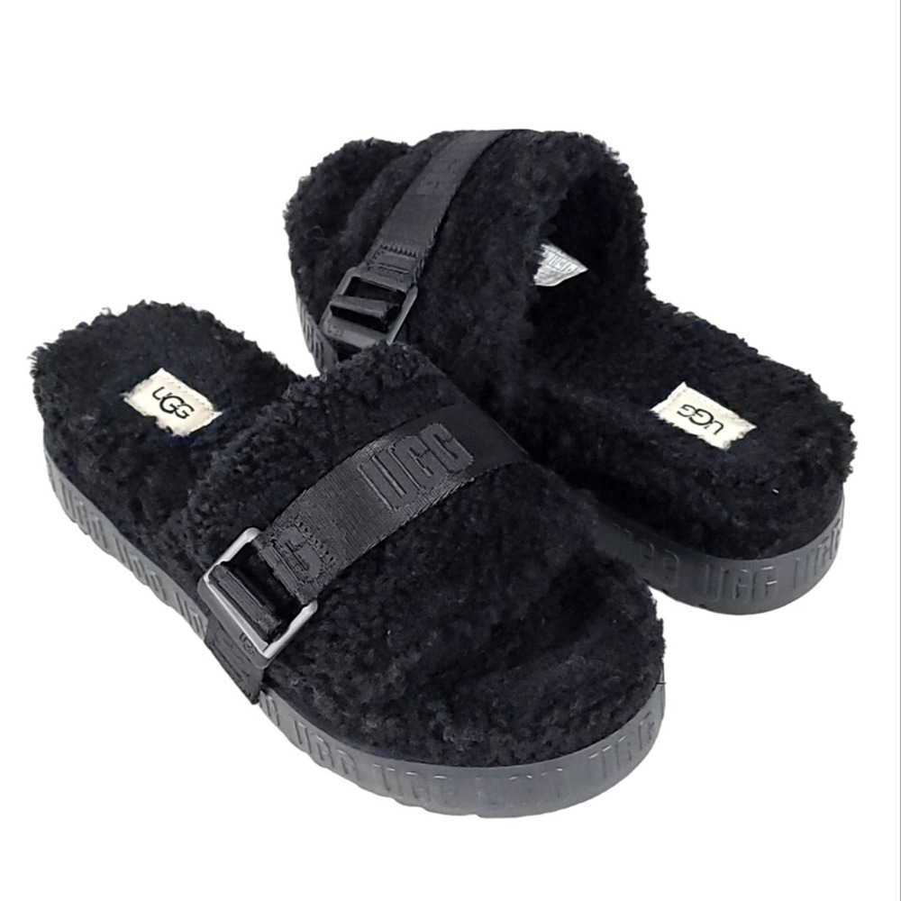 UGG Fluffita Black Slides Platform Sandals